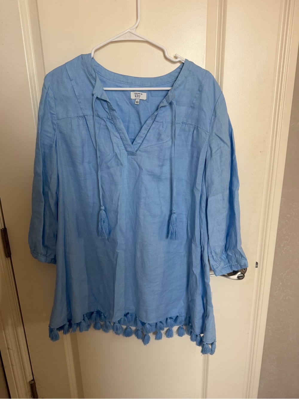 Crown & Ivy Light Blue Tassel Hem Peasant Tunic